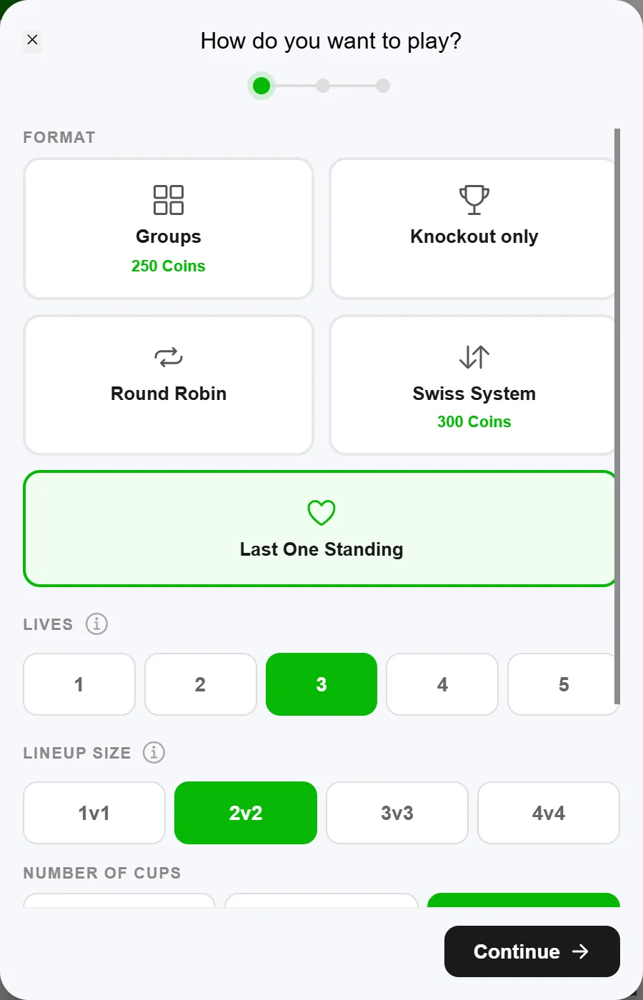 First step "How do you want to play?" when creating a beer pong tournament in BeerpongMe: the "Last One Standing" format with a heart icon selected, below it lives 1 to 5 with 3 highlighted and lineup size 2v2