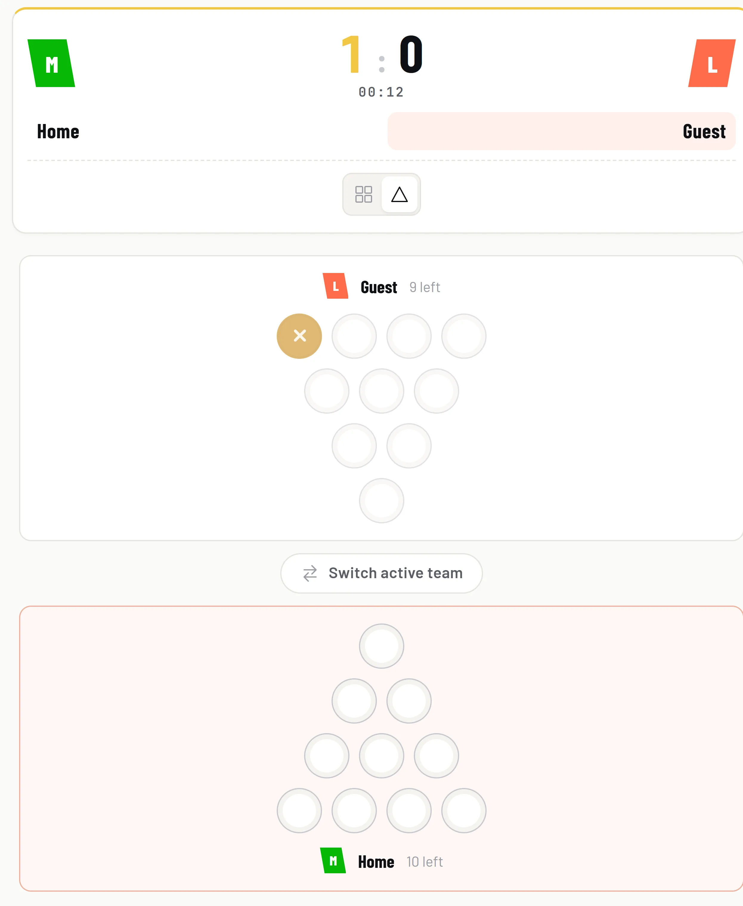 A beer pong match in BeerpongMe showing both 4-3-2-1 cup pyramids with their tips facing the middle of the table, a score of 1:0, a running clock and one cup already marked as hit