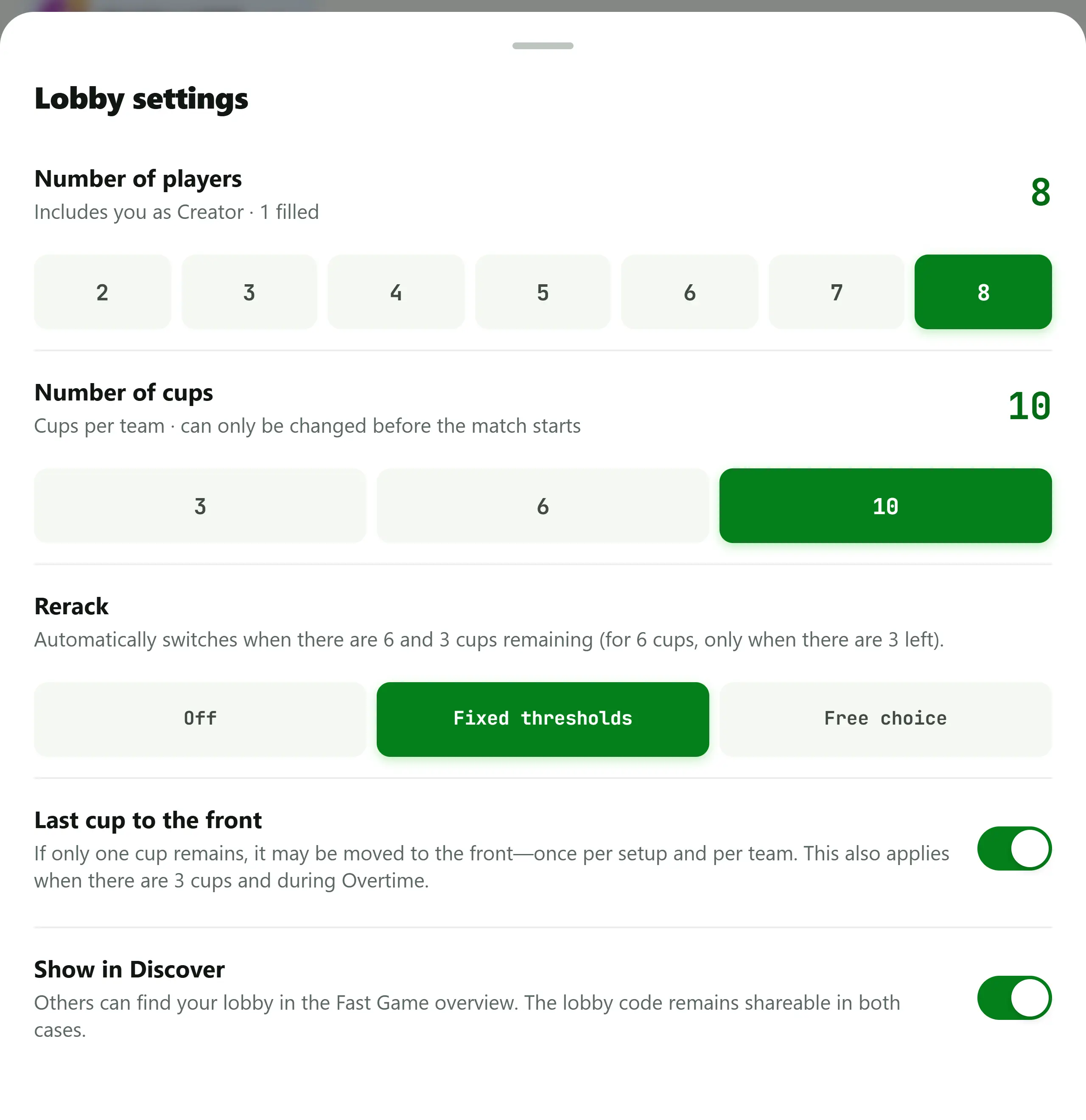 Lobby settings in BeerpongMe showing the number of players, a cup count of 3, 6 or 10, the three rerack modes Off, Fixed thresholds and Free choice, and the "Last cup to the front" switch