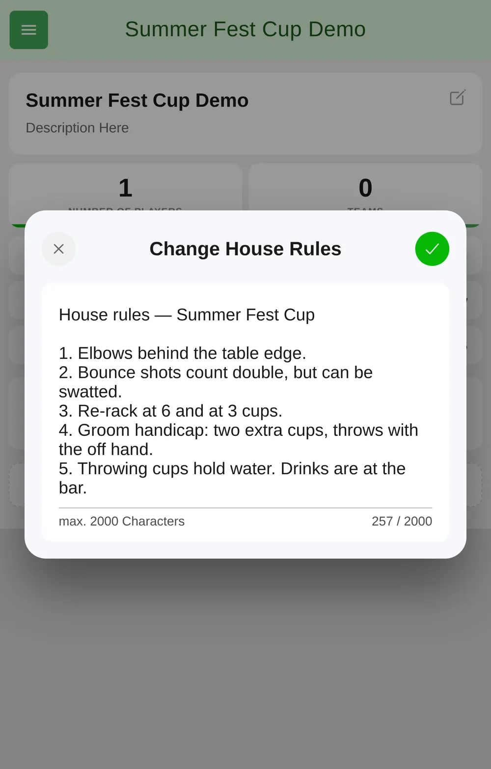 Change House Rules dialog in BeerpongMe with five rules entered, including a groom handicap, and the counter showing 257 of 2000 characters
