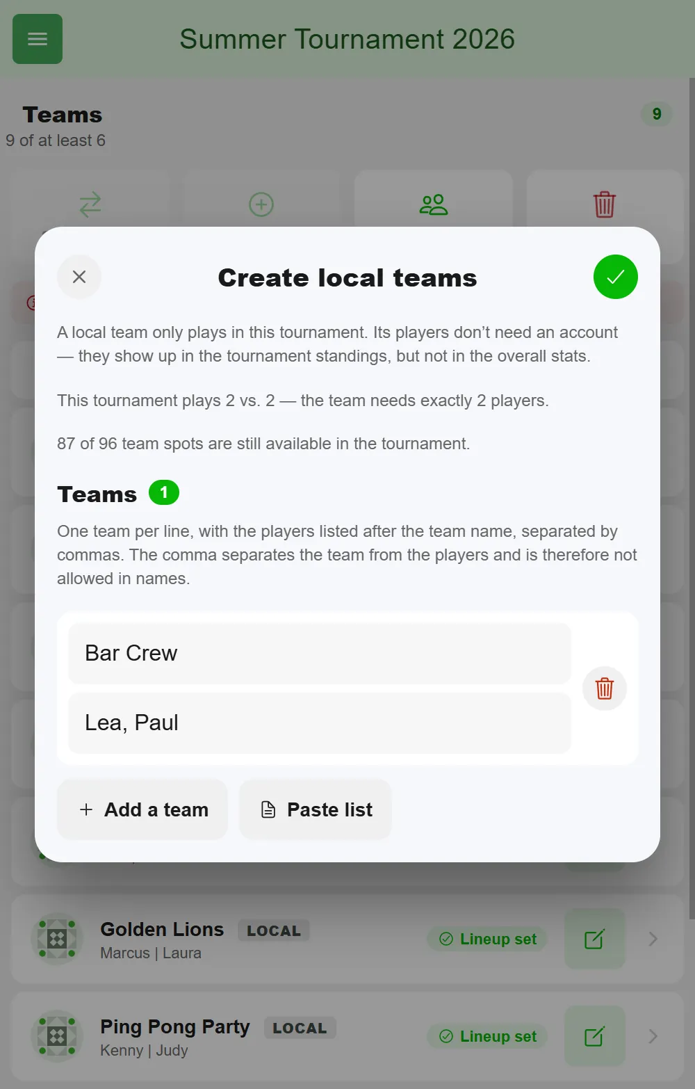 Create local teams dialog in BeerpongMe with one team, Bar Crew, and the players Lea and Paul separated by a comma, plus the Add a team and Paste list buttons