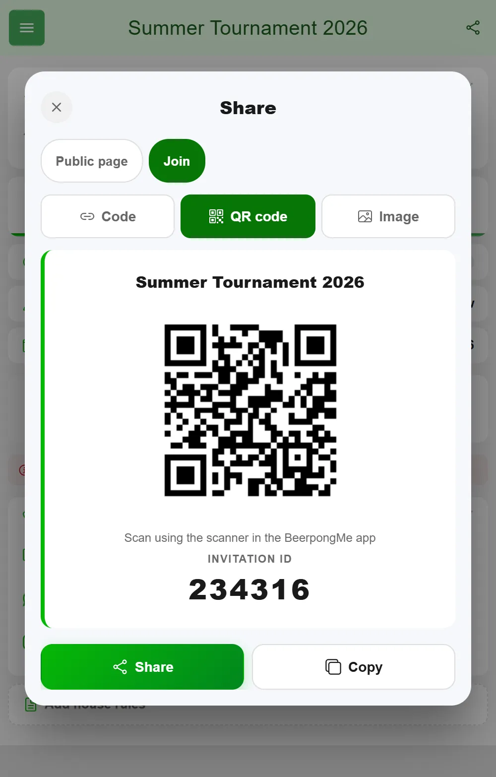 Share sheet of a beer pong tournament in BeerpongMe under "Join": a QR code with the hint "Scan using the scanner in the BeerpongMe app", the six-digit invitation ID below it, and the Share and Copy buttons