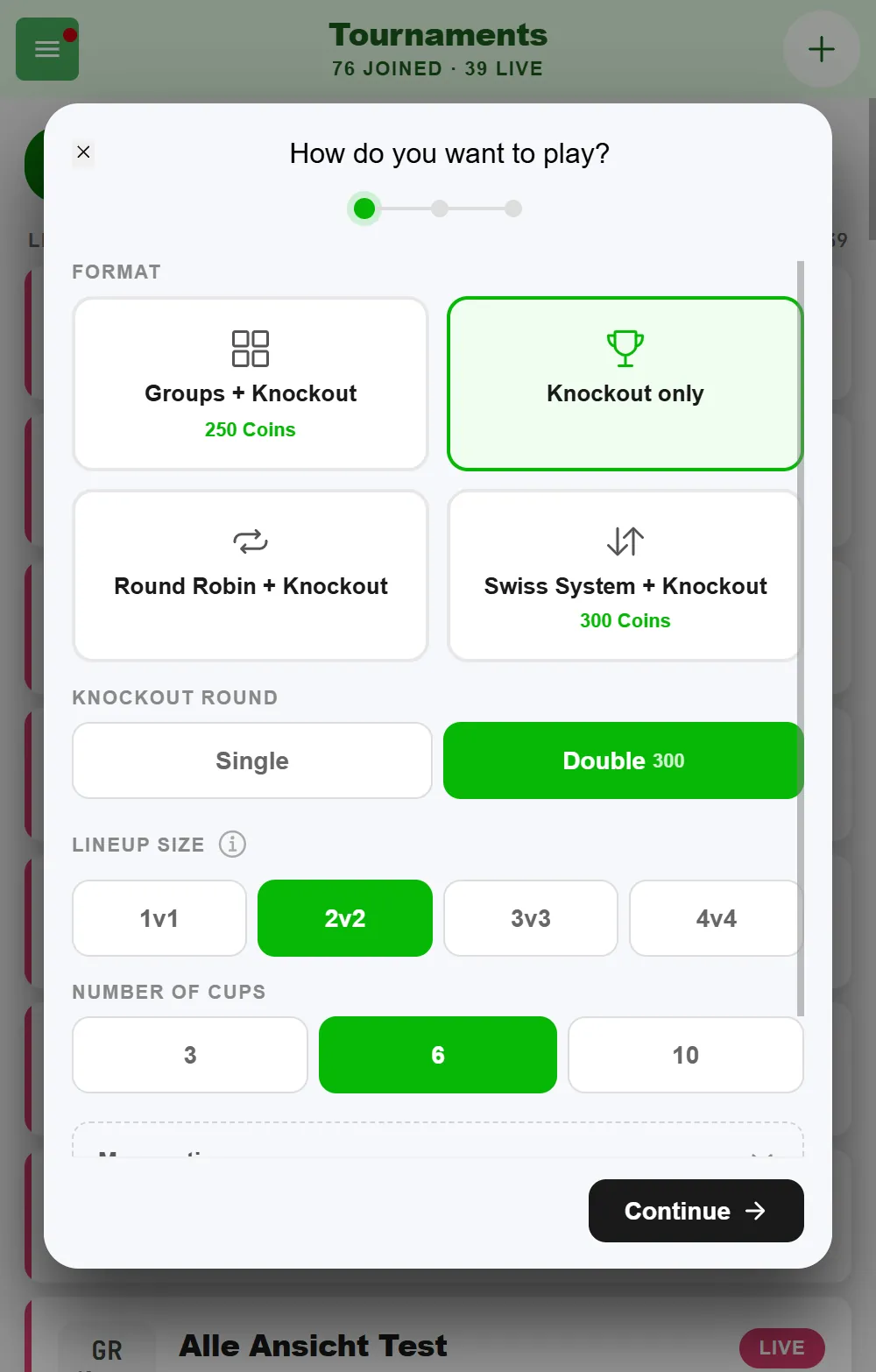 First step "How do you want to play?" when creating a beer pong tournament in BeerpongMe, with the format Knockout only, the knockout round set to Double, lineup size 2v2 and the number of cups set to 6