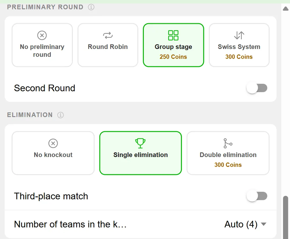 BeerpongMe tournament settings with the Preliminary Round section (No preliminary round, Round Robin, Group stage, Swiss System) and the Second Round toggle, plus the Elimination section (No knockout, Single elimination, Double elimination) with the Third-place match toggle and Number of teams in the knockout stage set to Auto (4)