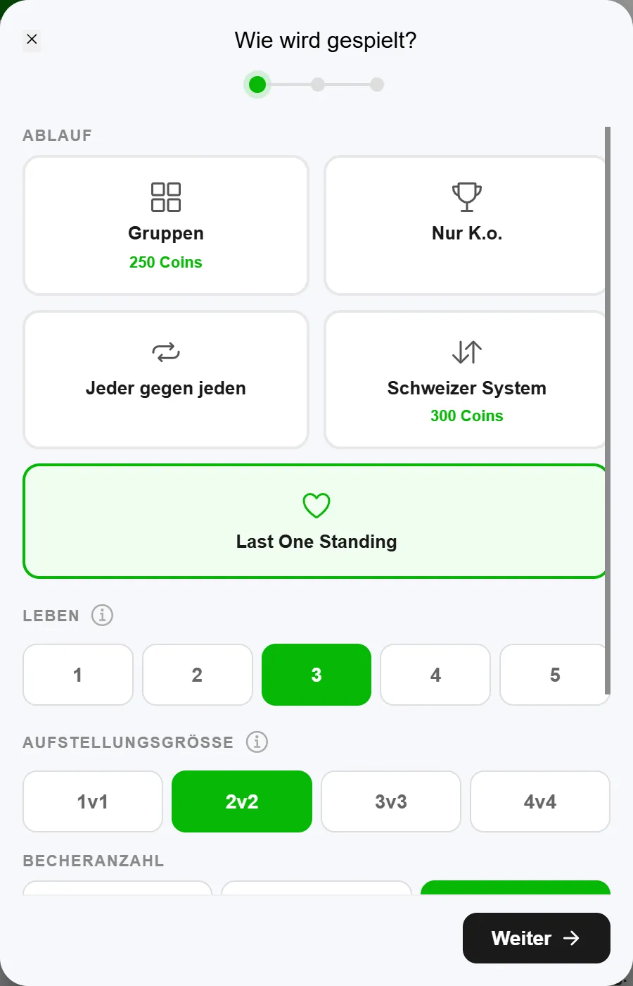 Erster Schritt „Wie wird gespielt?" beim Anlegen eines Beerpong-Turniers in BeerpongMe: Ablauf „Last One Standing" mit Herz-Symbol ausgewählt, darunter die Leben 1 bis 5 mit 3 markiert und die Aufstellungsgröße 2v2