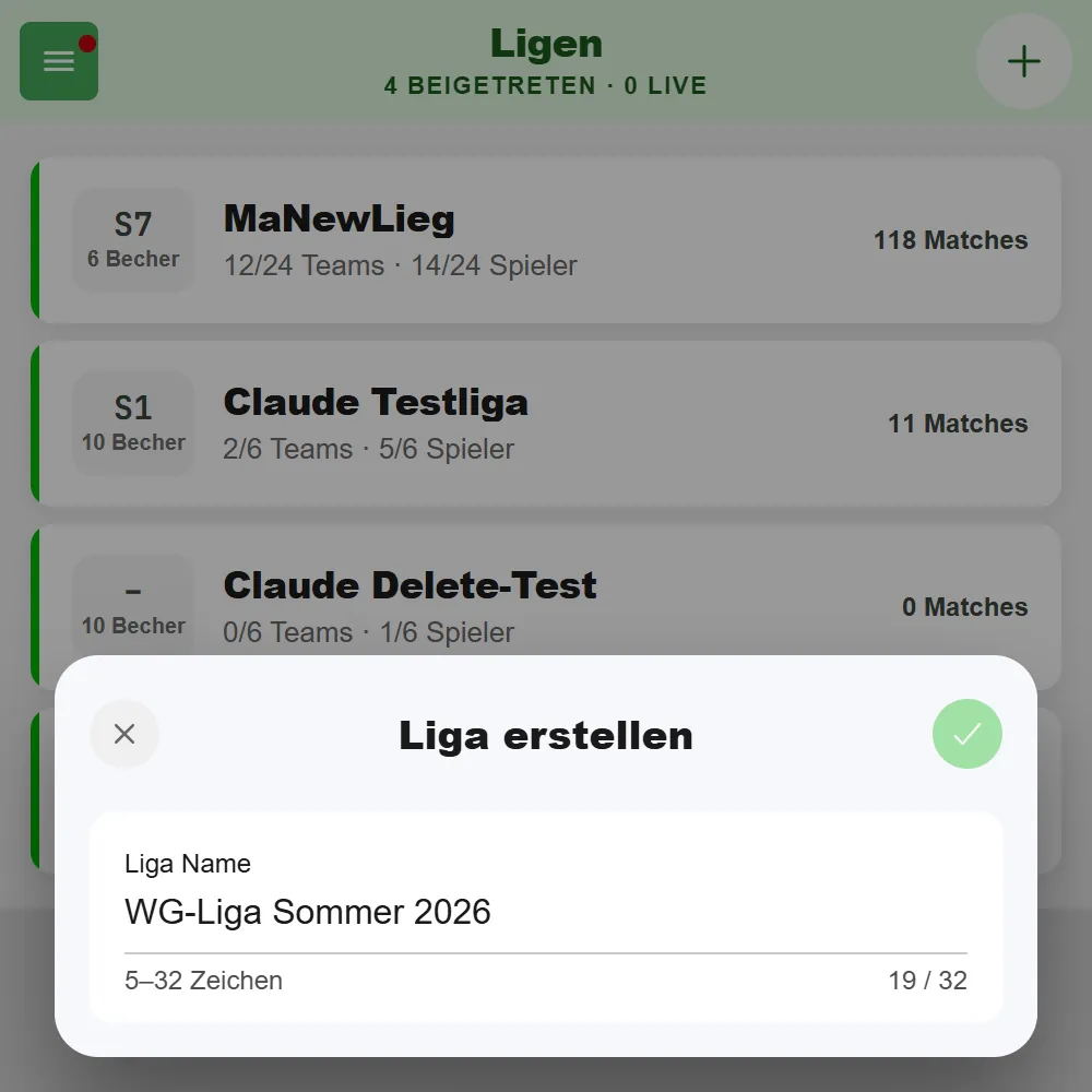 Liga-erstellen-Modal in BeerpongMe mit ausgefülltem Namen