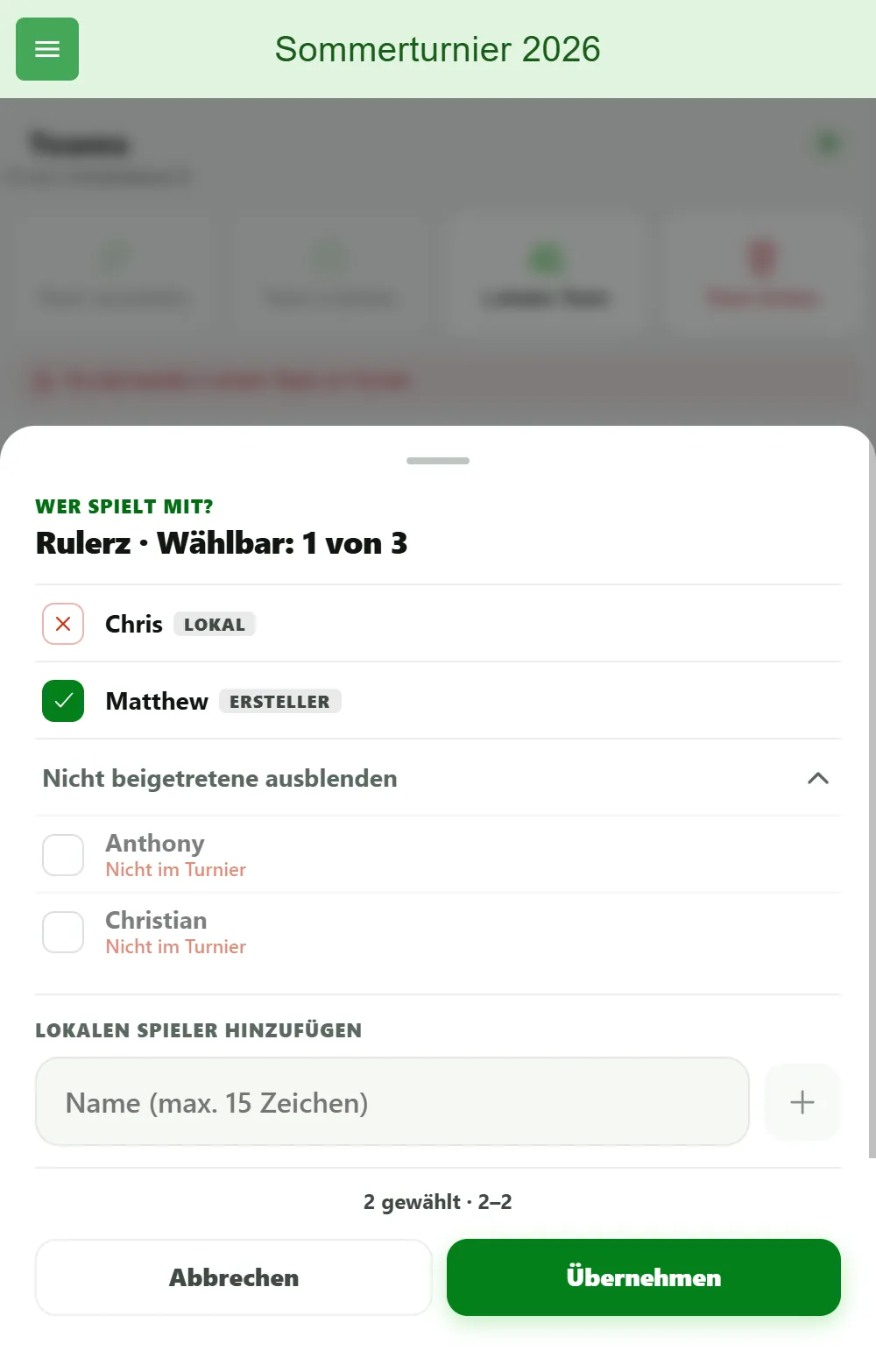 Aufstellung eines Turnier-Teams in BeerpongMe mit dem registrierten Spieler Matthew und dem lokal hinzugefügten Spieler Chris, der mit dem Kennzeichen „Lokal" markiert ist