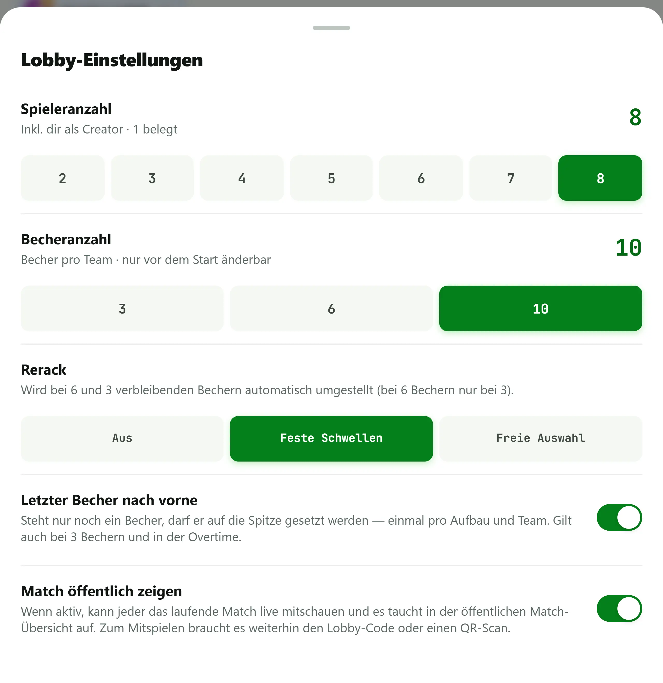 Lobby-Einstellungen in BeerpongMe mit Spieleranzahl, Becheranzahl 3, 6 oder 10, den drei Rerack-Modi Aus, Feste Schwellen und Freie Auswahl sowie dem Schalter „Letzter Becher nach vorne"