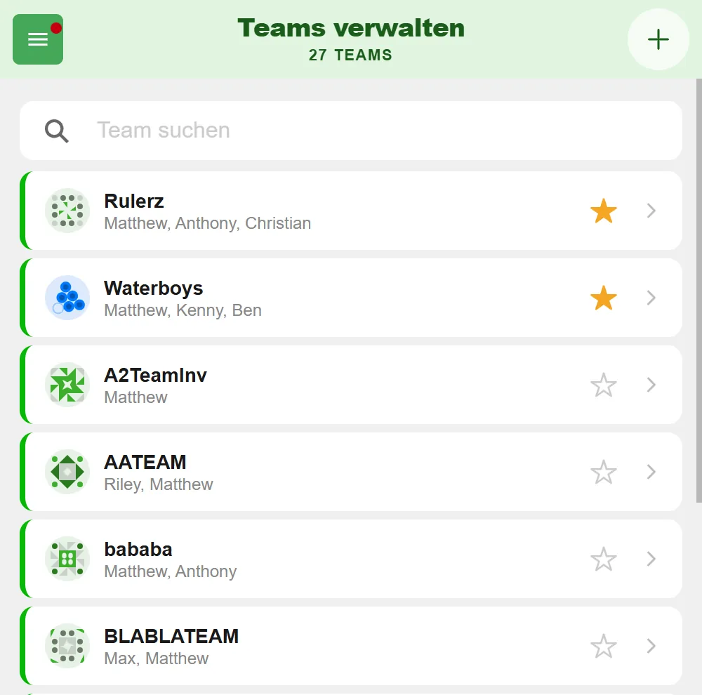 Team-Liste „Teams verwalten" in BeerpongMe mit Suchfeld und mehreren Beerpong-Teams, die beiden mit goldenem Favoriten-Stern stehen ganz oben