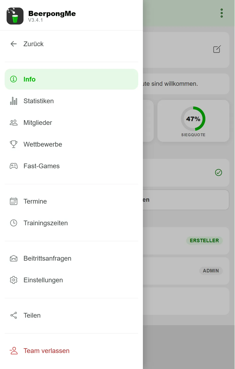 Seitenmenü der Team-Seite in BeerpongMe mit den Punkten Info, Statistiken, Mitglieder, Wettbewerbe, Fast-Games, Termine, Trainingszeiten, Beitrittsanfragen, Einstellungen, Teilen und Team verlassen