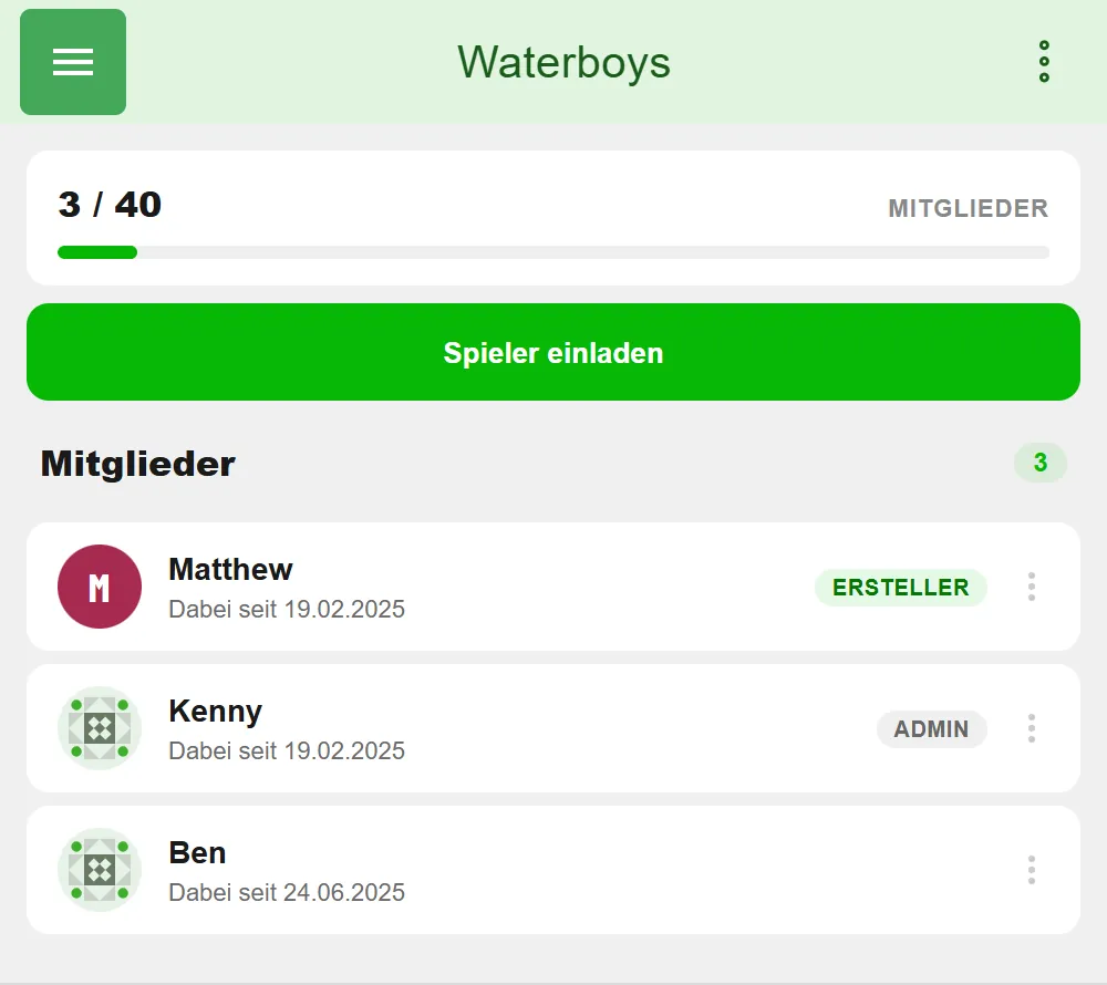 Mitgliederliste eines Beerpong-Teams in BeerpongMe mit Auslastungsbalken 3 von 40, dem Knopf Spieler einladen und drei Mitgliedern, gekennzeichnet als Ersteller, Admin und Mitglied