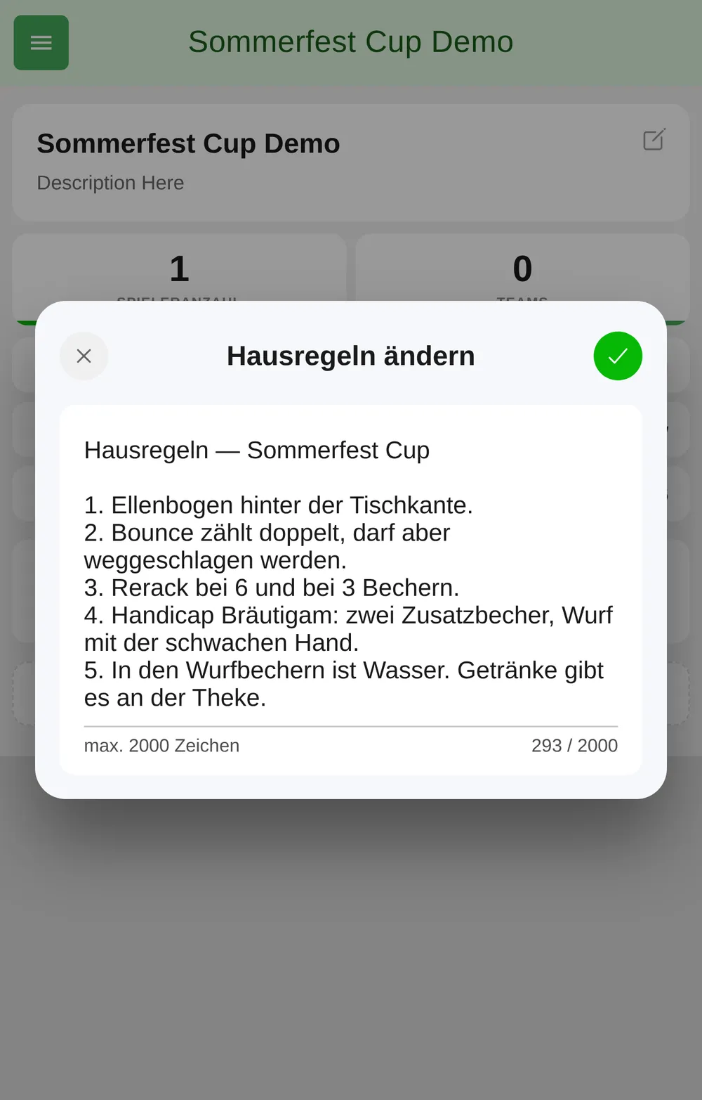 Modal "Hausregeln aendern" in BeerpongMe mit fuenf eingetragenen Regeln, darunter ein Handicap fuer den Braeutigam, und dem Zaehler 298 von 2000 Zeichen