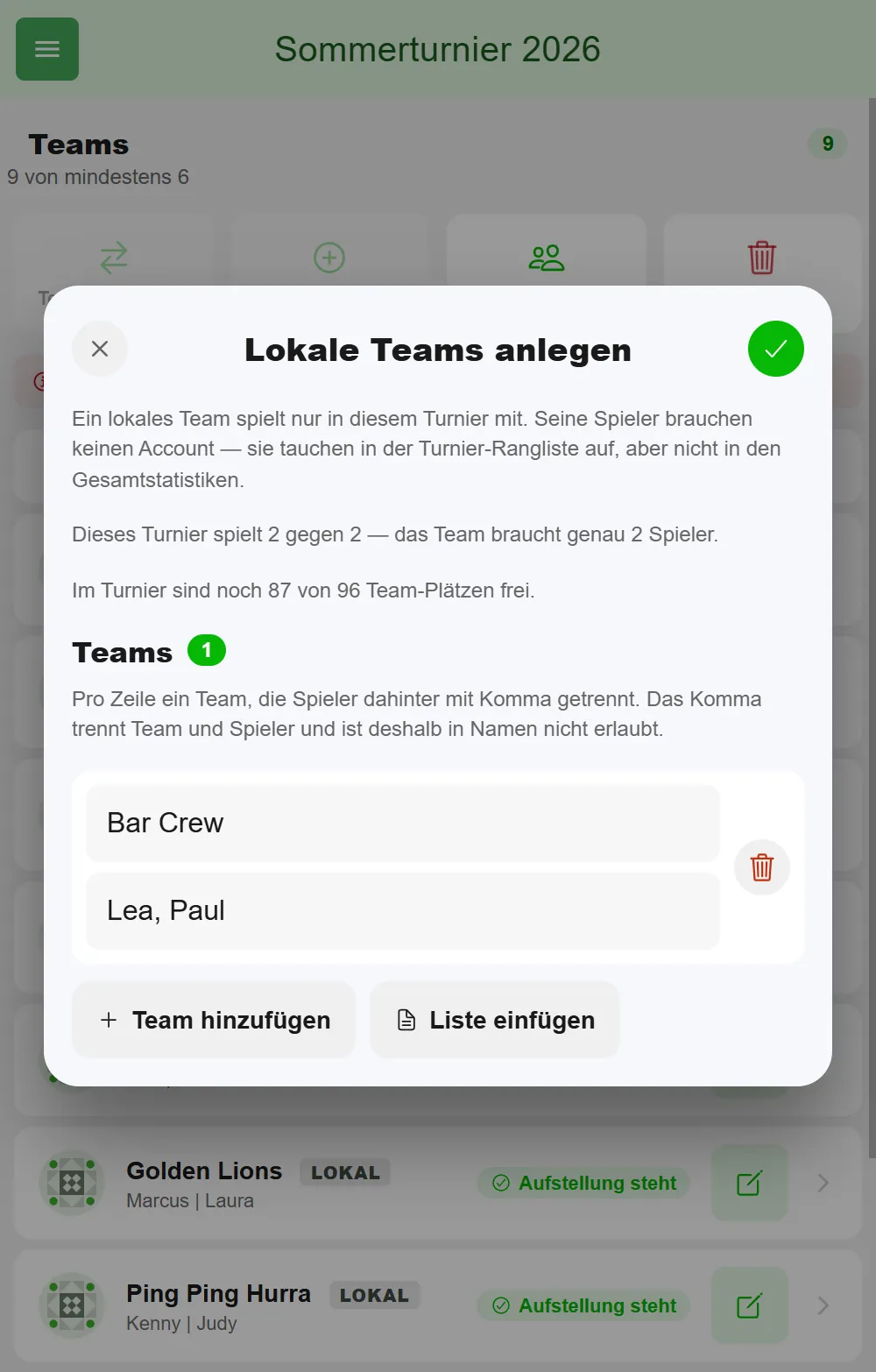 Dialog „Lokale Teams anlegen" in BeerpongMe mit einem Team Bar Crew und den Spielern Lea und Paul, durch Komma getrennt, sowie den Knöpfen Team hinzufügen und Liste einfügen