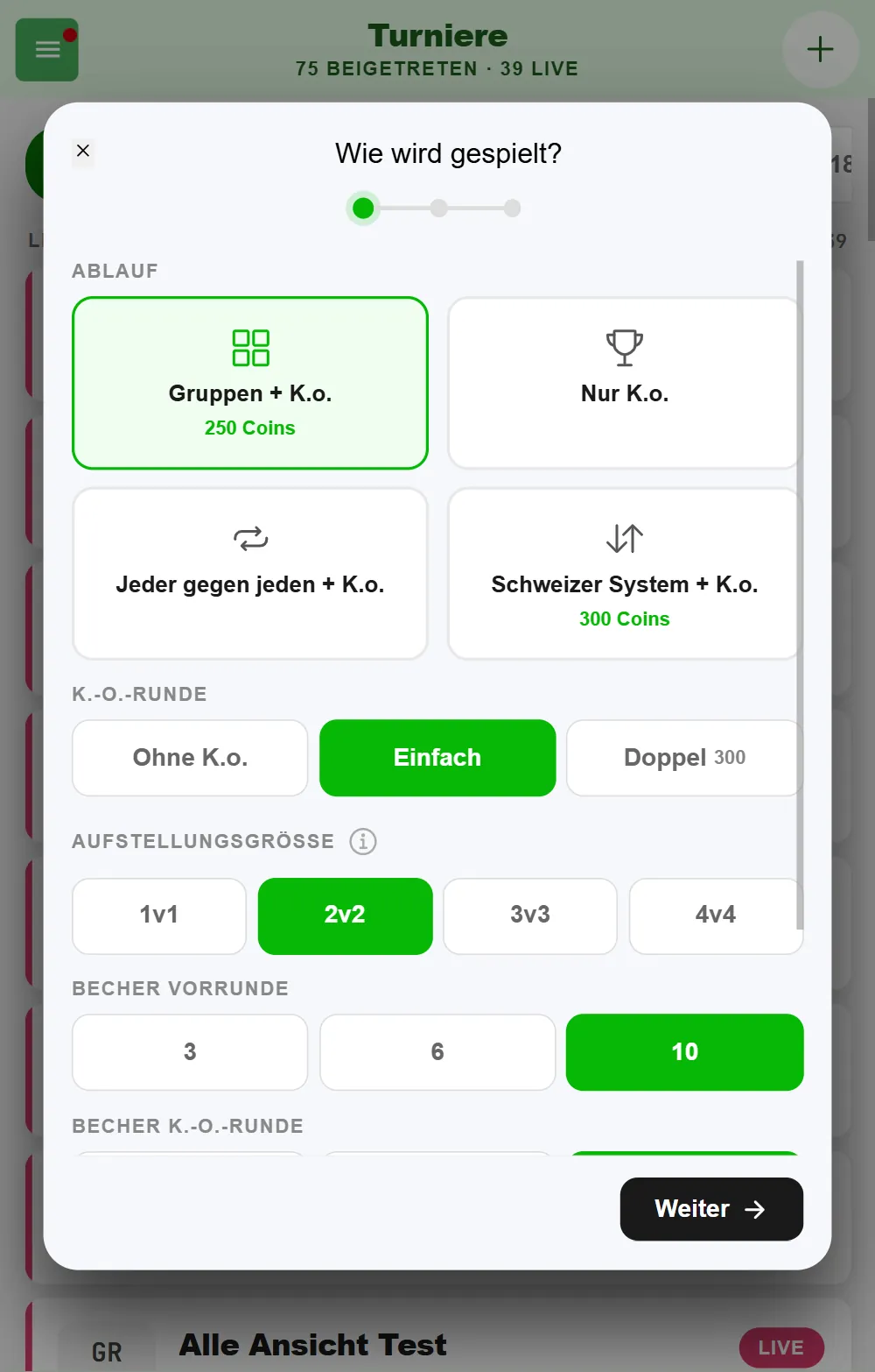 Erster Schritt „Wie wird gespielt?" beim Anlegen eines Beerpong-Turniers in BeerpongMe mit den Abläufen Gruppen + K.o., Nur K.o., Jeder gegen jeden + K.o. und Schweizer System + K.o., der K.o.-Runde Einfach, Aufstellungsgröße 2v2 und getrennter Becheranzahl für Vorrunde und K.o.-Runde