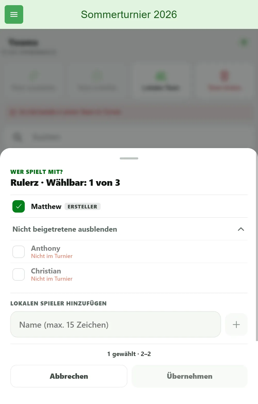Aufstellungs-Blatt „Wer spielt mit?" in BeerpongMe: Kader des Teams Rulerz mit ausgewähltem Spieler Matthew, zwei gesperrten Mitgliedern mit dem Hinweis „Nicht im Turnier" und einem Feld zum Hinzufügen lokaler Spieler