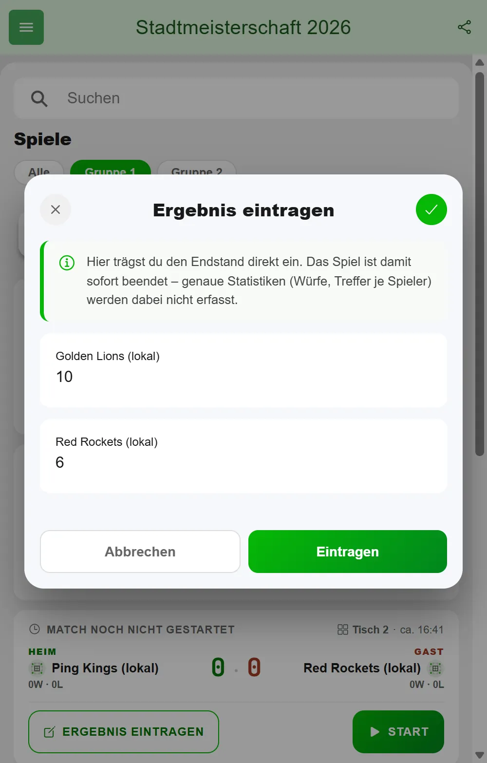 Fenster „Ergebnis eintragen" in BeerpongMe mit dem Hinweis, dass keine Detailstatistik erfasst wird, und dem Endstand 10 zu 6 zwischen Golden Lions und Red Rockets