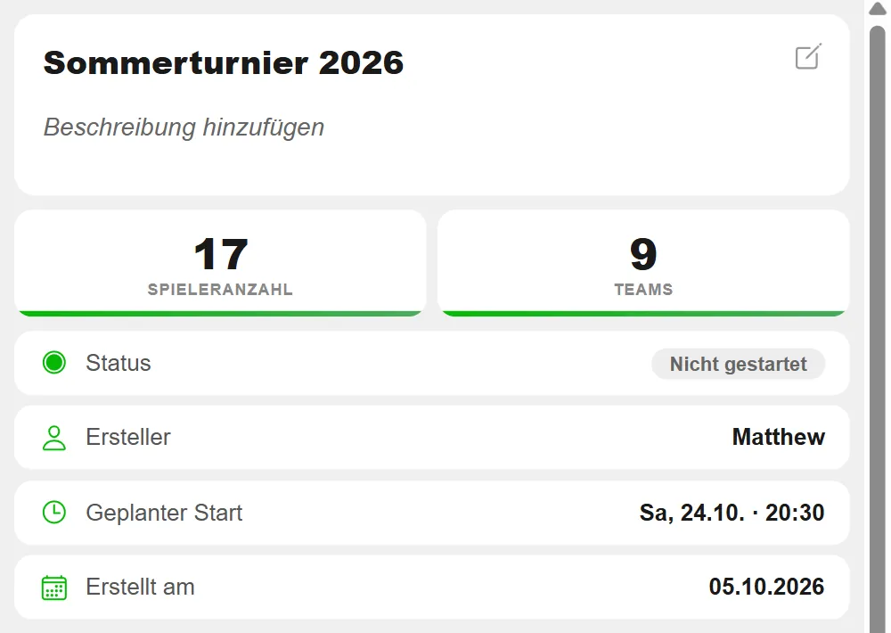 Turnier-Seite eines noch nicht gestarteten Beerpong-Turniers in BeerpongMe mit 17 Spielern, 9 Teams, Status „Nicht gestartet“ und der Zeile „Geplanter Start: Sa, 24.10. · 20:30“