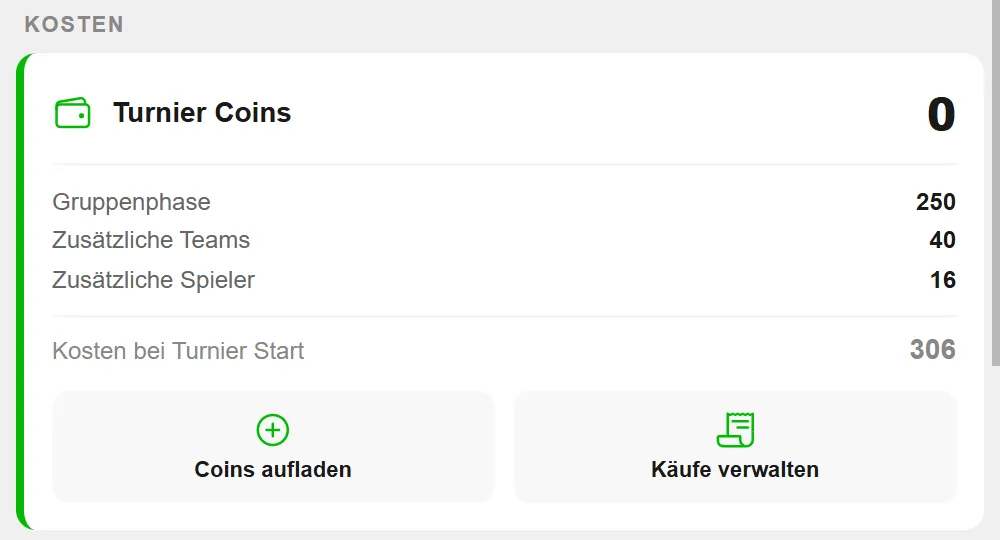 Kostenübersicht eines Beerpong-Turniers in BeerpongMe: Gruppenphase 250, zusätzliche Teams 40 und zusätzliche Spieler 16 Coins, zusammen 306 Coins Kosten beim Turnierstart