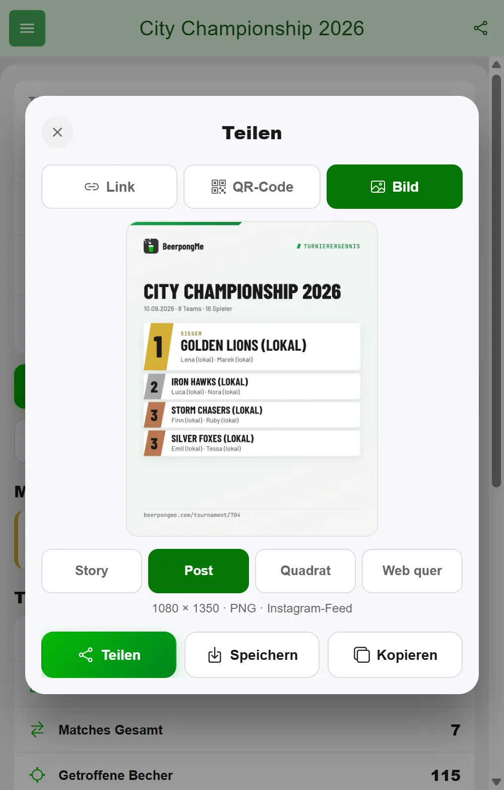 Teilen-Fenster in BeerpongMe mit den Reitern Link, QR-Code und Bild, der Vorschau der Ergebnisgrafik von City Championship 2026, den Formaten Story, Post, Quadrat und Web quer sowie den Knöpfen Teilen, Speichern und Kopieren