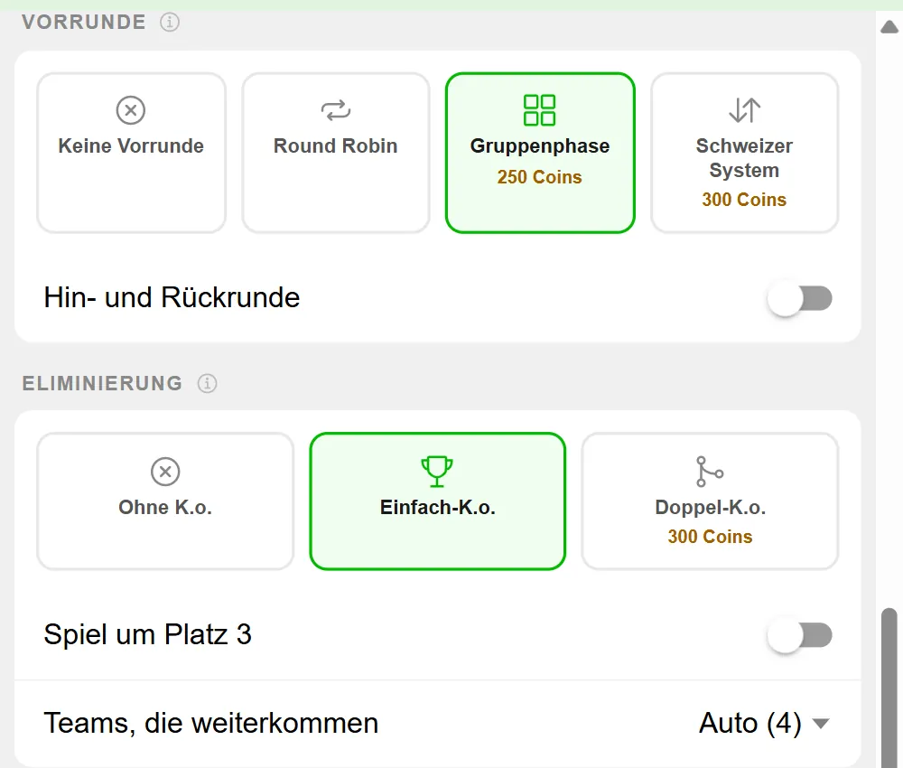 Turnier-Einstellungen in BeerpongMe mit dem Abschnitt Vorrunde (Keine Vorrunde, Round Robin, Gruppenphase, Schweizer System), dem Schalter Hin- und Rückrunde und dem Abschnitt Eliminierung (Ohne K.o., Einfach-K.o., Doppel-K.o.) samt Schalter „Spiel um Platz 3" und der Auswahl „Teams, die weiterkommen" auf Auto (4)