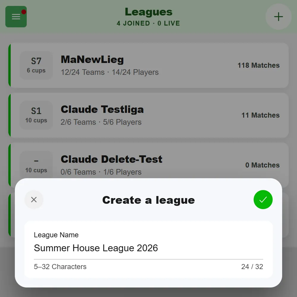 The "Create a league" dialog in BeerpongMe with the League Name field filled in as Summer House League 2026