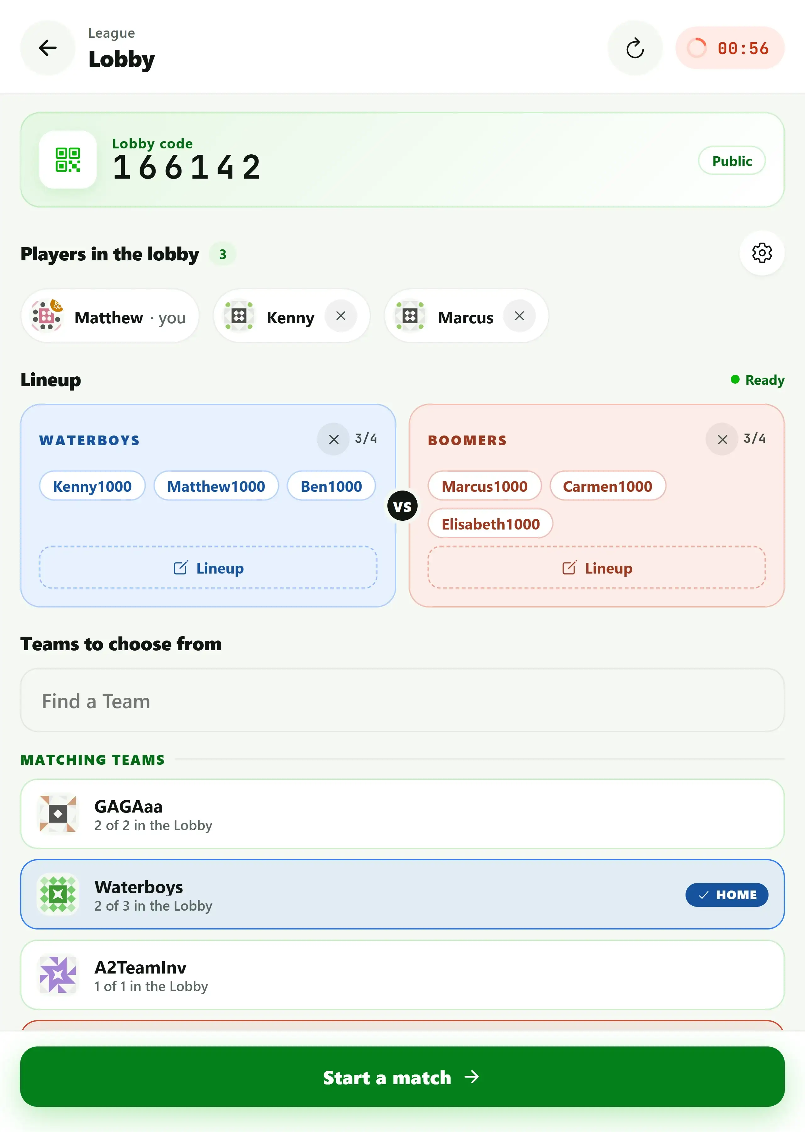 League lobby in BeerpongMe with the lobby code, three players present, and the lineups of the teams Waterboys and Boomers side by side