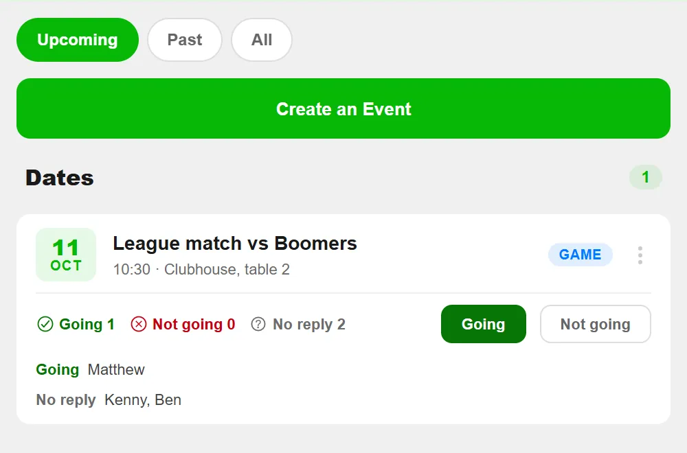 Event card of a beer pong team in BeerpongMe: league match vs Boomers on 11 October at 10:30 in the clubhouse, table 2, with one Going (Matthew), zero Not going, and two No reply (Kenny and Ben), next to the Going and Not going buttons