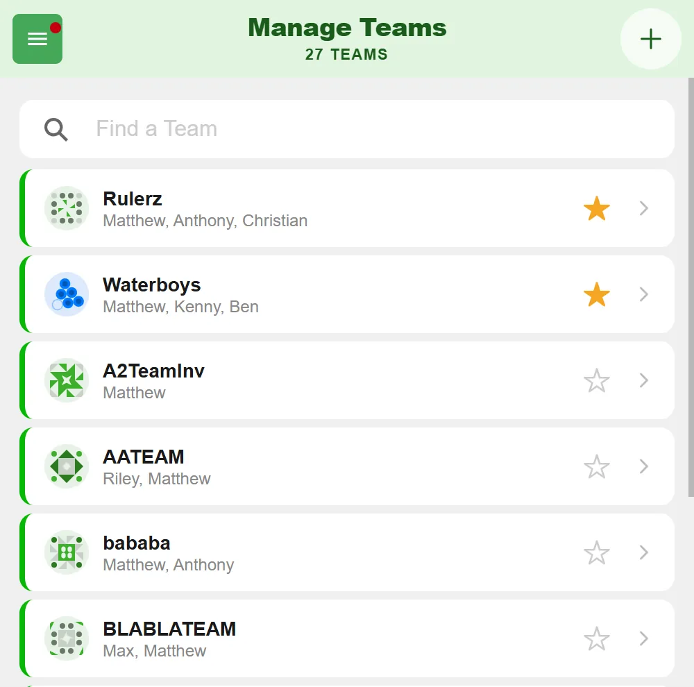 The "Manage Teams" list in BeerpongMe with the Find a Team search field and several beer pong teams, the two with a gold favorite star pinned to the top