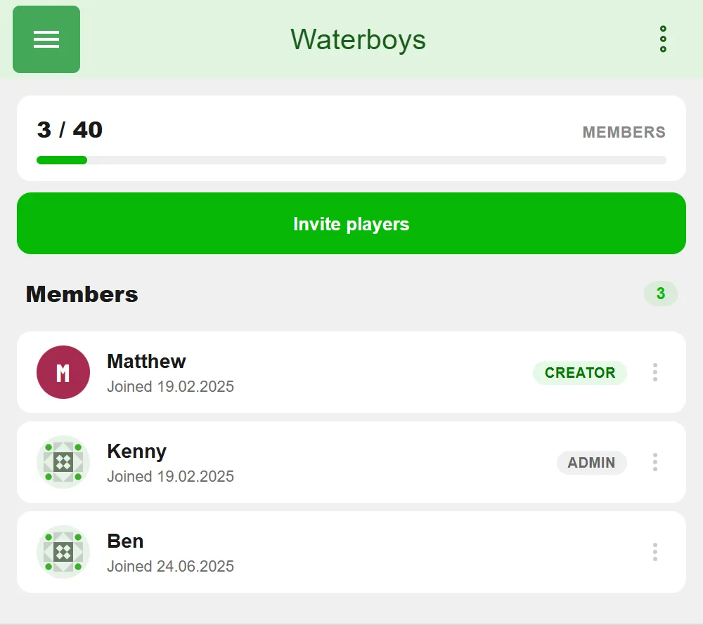 Member list of a beer pong team in BeerpongMe with a 3 of 40 capacity bar, the Invite players button, and three members: Matthew marked as creator, Kenny as admin, and Ben