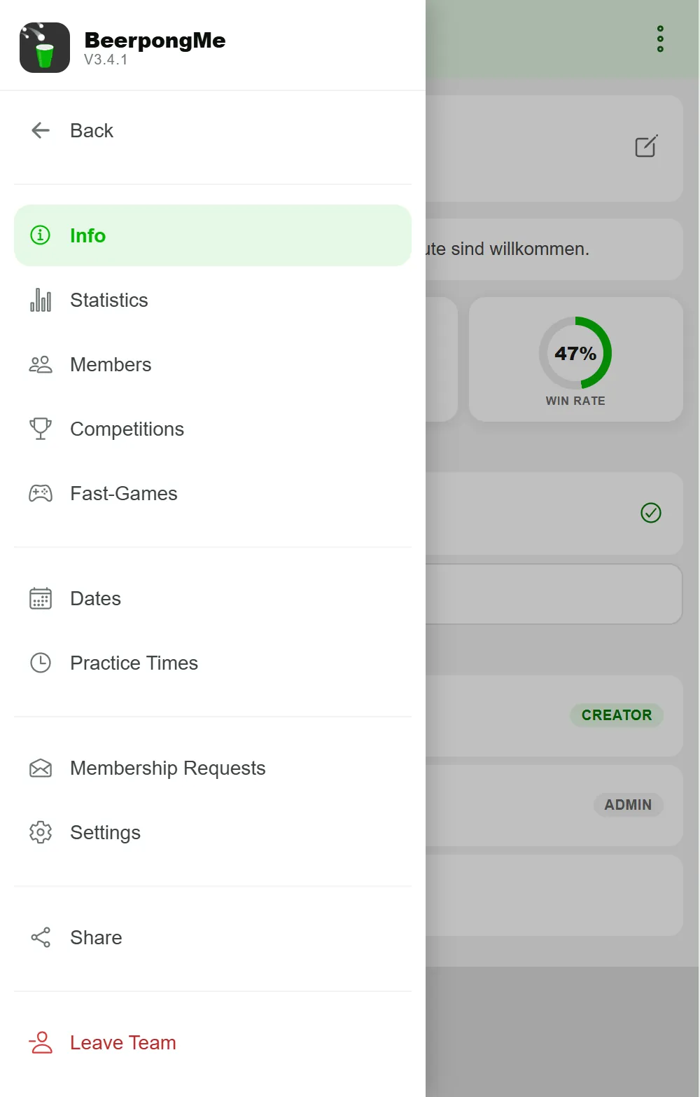 Side menu of the team page in BeerpongMe with the items Info, Statistics, Members, Competitions, Fast-Games, Dates, Practice Times, Membership Requests, Settings, Share, and Leave Team