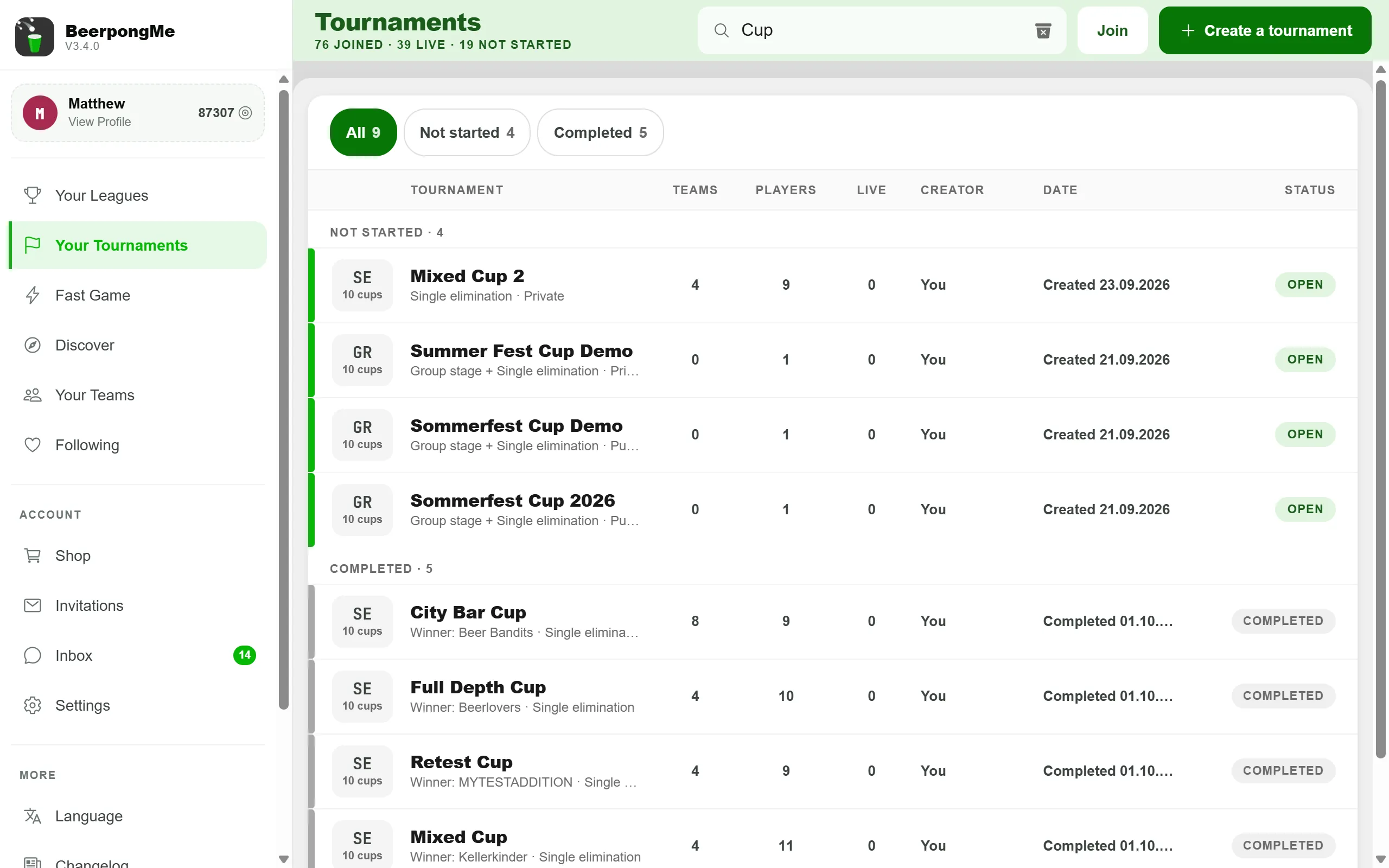 Tournaments overview in the BeerpongMe dashboard on desktop, with the side menu for leagues, tournaments, Fast Game, Discover and teams, and a list of open and finished beer pong tournaments