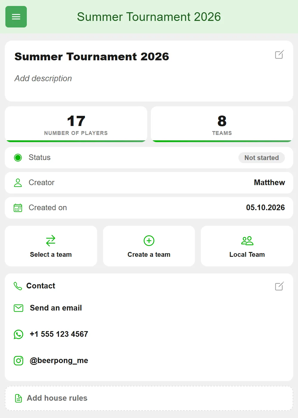Tournament page in BeerpongMe before the start with 8 teams and 17 players, the buttons Select a team, Create a team and Local Team, and the Contact block with a Send an email button, a WhatsApp number and an Instagram profile