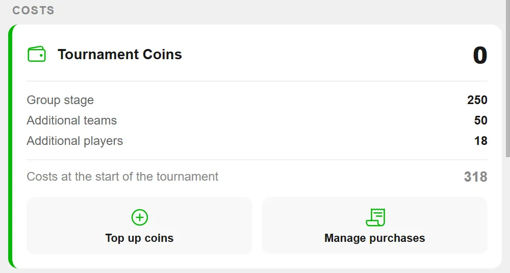 Cost overview of a beer pong tournament in BeerpongMe: group stage 250, additional teams 50 and additional players 18 coins, for a total of 318 coins due at the start of the tournament