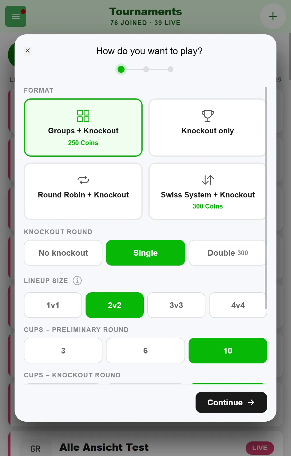 First step "How do you want to play?" when creating a beer pong tournament in BeerpongMe, with the formats Groups + Knockout, Knockout only, Round Robin + Knockout and Swiss System + Knockout, the knockout round set to Single, lineup size 2v2, and separate cup counts of 10 for the preliminary round and 10 for the knockout round