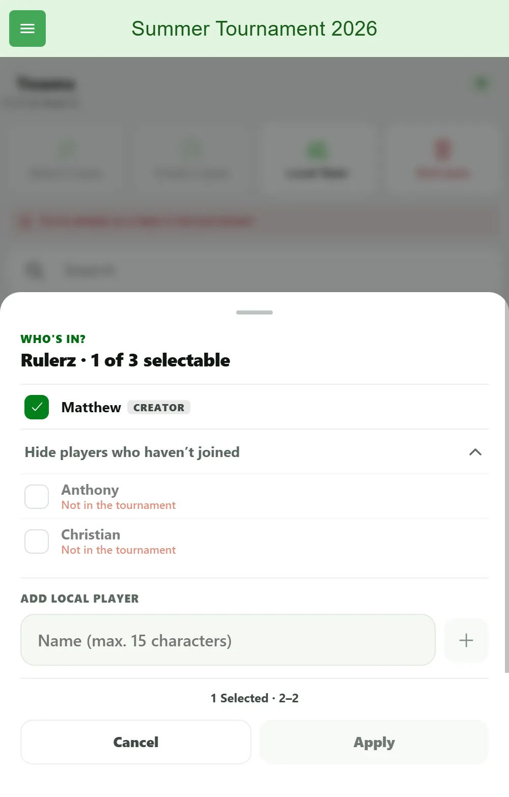 The "Who's in?" lineup sheet in BeerpongMe: the squad of team Rulerz with player Matthew (creator) selected, two locked members Anthony and Christian marked "Not in the tournament", and a field for adding a local player