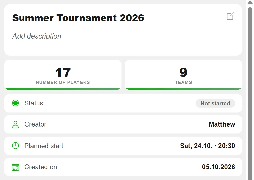 Tournament page of a beer pong tournament in BeerpongMe that hasn't started yet, with 17 players, 9 teams, status "Not started" and the line "Planned start: Sat, 24.10. · 20:30"