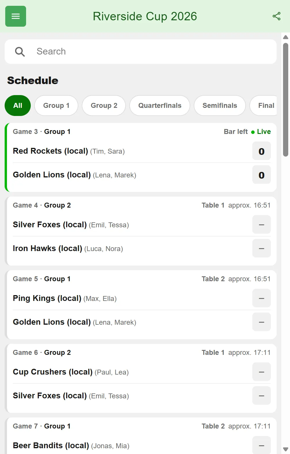 Schedule of a beer pong tournament in BeerpongMe with a search field, filters for groups and knockout rounds, and game cards showing game number, group, table and approximate start time; the first game, at Bar left, is live