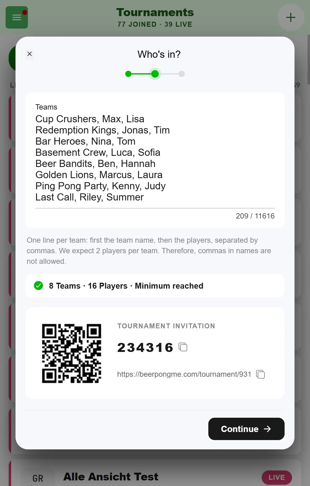 The "Who's in?" step when creating a beer pong tournament in BeerpongMe: eight local teams with two players each entered as a list, the counter "8 Teams · 16 Players · Minimum reached" and the tournament invitation QR code below