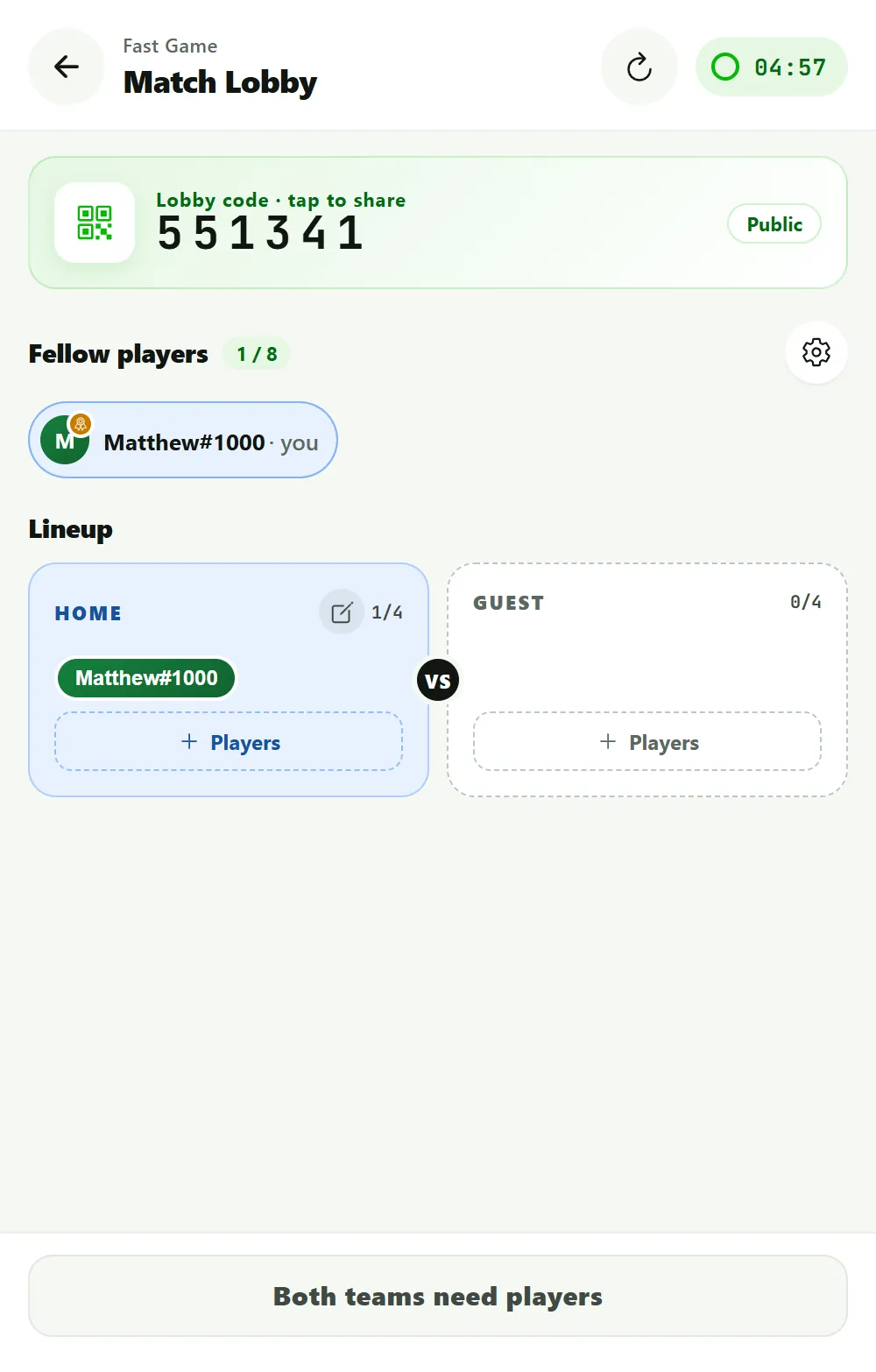 Fast Game match lobby in BeerpongMe with the 6-digit lobby code 551341, set to Public, the Fellow players counter at 1/8, and the lineup with a HOME and a GUEST side, one player already on the home side
